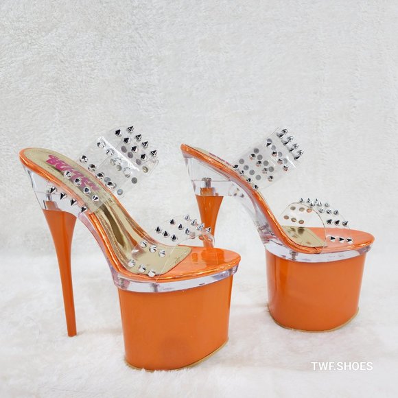 Sleek Slim 8" Towering Platform Heels Orange Double Clear Spiked Straps … - Picture 7 of 12